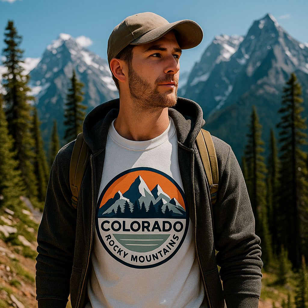 Man wearing a 'Colorado Rocky Mountains' t-shirt in a mountainous landscape