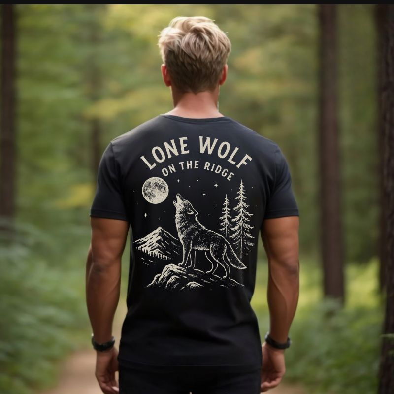 Lone Wolf On The Ridge Vintage Hiking T-Shirt | Outdoor Adventure Graphic Tee for Men & Women