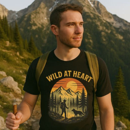 Man hiking with a 'Wild at Heart' t-shirt in a mountainous landscape