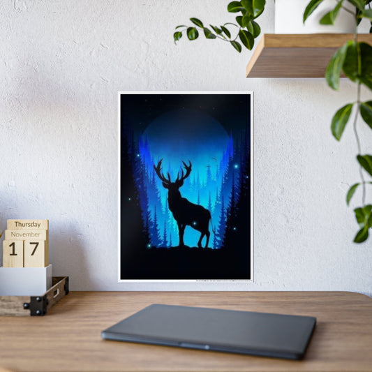 Enchanted Night Stag: Blue Forest Silhouette Poster - Poster by Journey Emporium