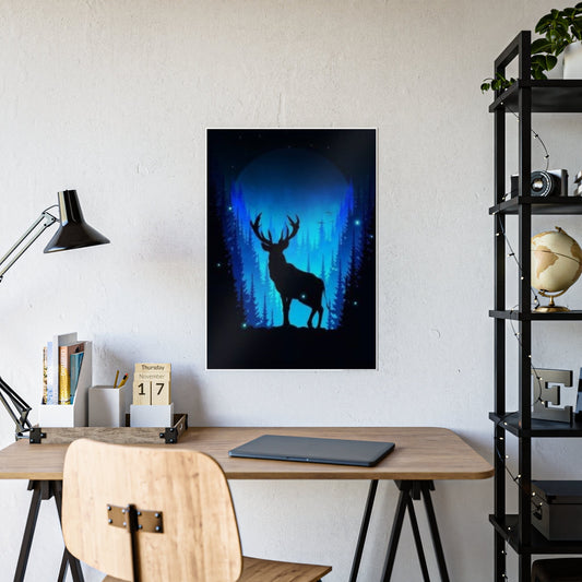 Enchanted Night Stag: Blue Forest Silhouette Poster - Poster by Journey Emporium