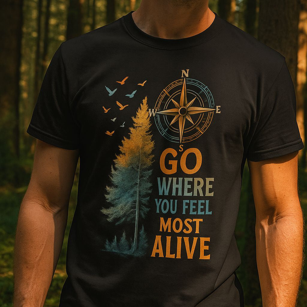 Person wearing a black t-shirt with a compass and nature-themed design in a forest setting