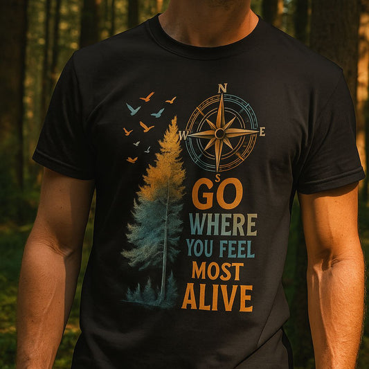 Person wearing a black t-shirt with a compass and nature-themed design in a forest setting